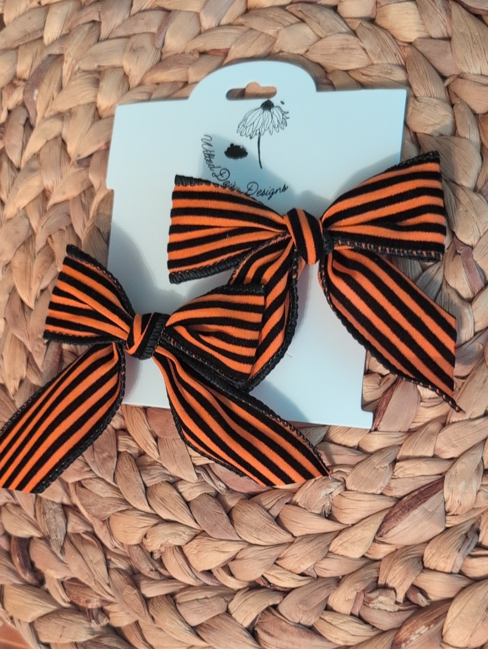 Black And Orange Striped Velvet Halloween Pigtail Bows